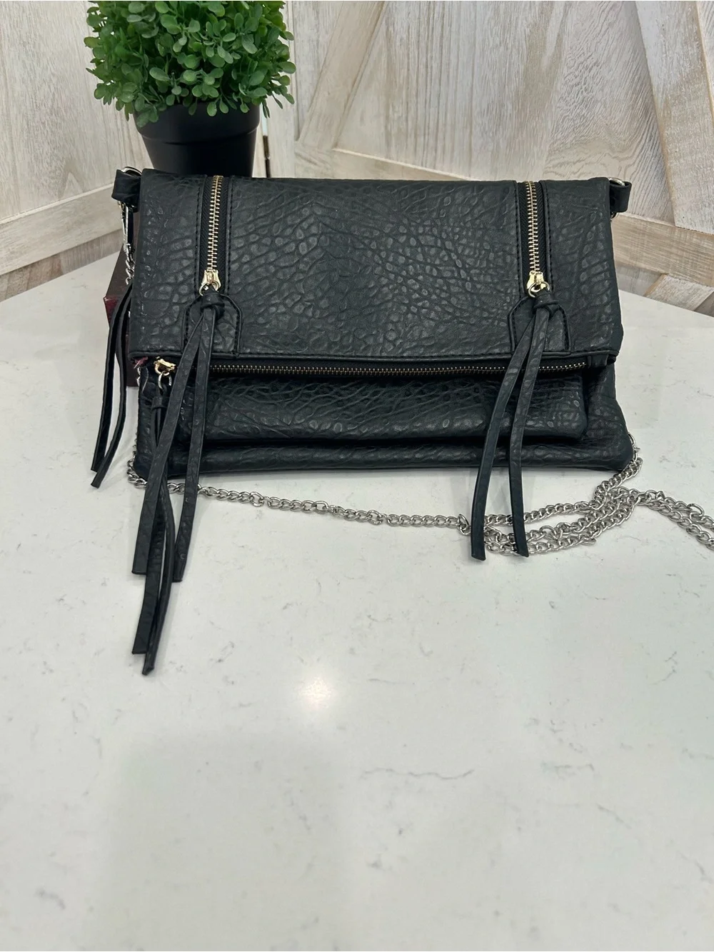 Black Textured Crossbody Bag with Chain Strap